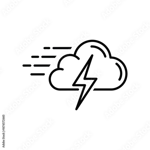 Stormy Weather Icon: A minimalist black line icon of a cumulonimbus cloud, with a lightning bolt piercing through it, conveying the raw power of a storm with dynamic movement.
