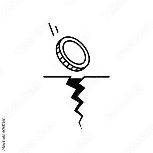 Coin falling into the Cracks: A symbolic illustration of a coin plummeting into a deep fissure, a visual metaphor for the potential of financial downfall and economic risk. 