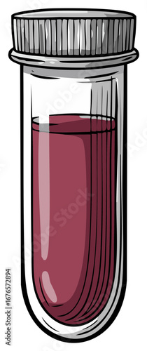 Hand drawn illustration of a test tube filled with red liquid and a metallic cap