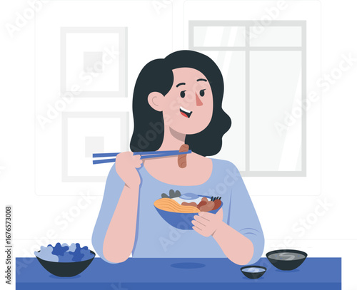 Illustration of rafiki enjoying korean cuisine