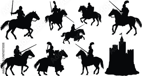 Medieval knight silhouette, warrior on horse, castle fortress, sword and lance fighter, cavalry soldier, historic jousting, armored rider, medieval battle scene