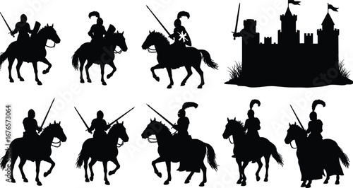 Medieval knight silhouette, armored warrior on horse, castle fortress, sword and lance fighter, cavalry rider, historic jousting, medieval battle, castle stronghold