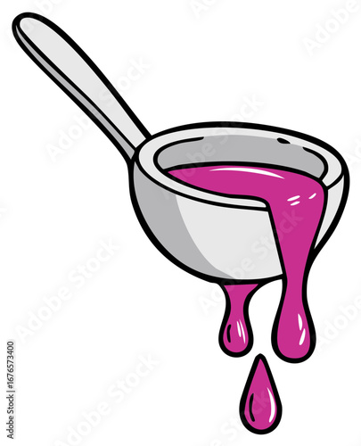 Cartoon ladle with pink liquid dripping. Isolated vector illustration.