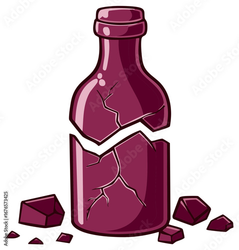 Broken glass bottle illustration with fragments of shattered glass, cartoon style.