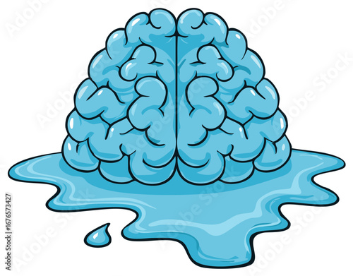 Brain Melt Down Cartoon Style, Illustration of Melting Brain Concept, Mental Health, Exhaustion, Stress, Problems, Illness