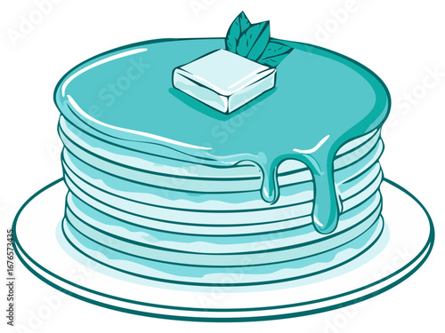 Delicious stack of breakfast pancakes with vibrant blue syrup butter and mint leaves on a white plate illustration