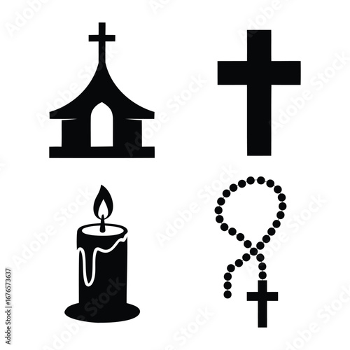 Set of black silhouette icons representing Christian symbols including church, cross, candle, and rosary used in prayer and devotion