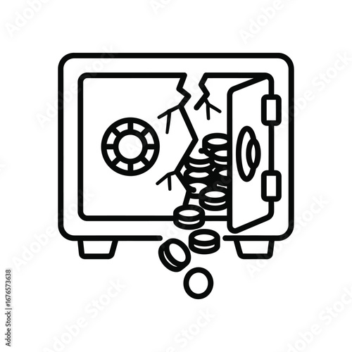 Breached Vault with spilled coins: A stark, graphic image of a damaged safe, its door ajar, with coins spilling out, conveying themes of financial insecurity.