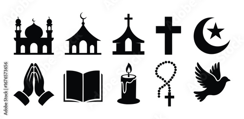 Set of black religious symbols including mosque, church, cross, crescent moon, rosary, dove, candle, scripture, and praying hands