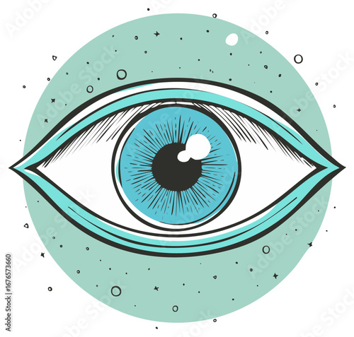 Blue Eye with Circle and Dotted Pattern Hand Drawn Artistic Illustration