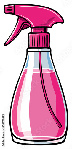 Vibrant pink plastic trigger spray bottle filled with liquid cartoon illustration
