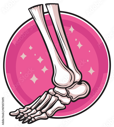 Stylized cartoon illustration of a skeletal foot and ankle on a pink sparkly background