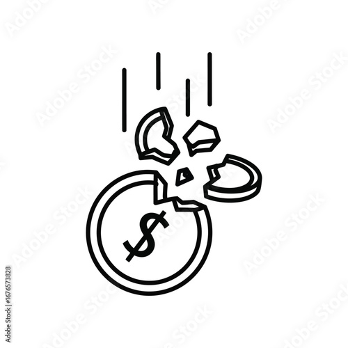 Broken Currency: A symbolic illustration captures the poignant decline of financial stability, with a fractured coin symbolizing the shattering of monetary value and the fragility of wealth.