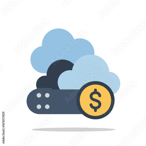 Flat vector icon of blue clouds a dark server element and a yellow dollar coin symbol.