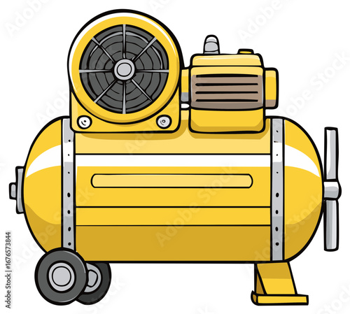 Cartoon illustration of a yellow air compressor with fan and wheels
