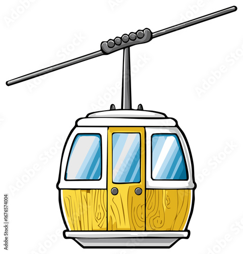 Cartoon style yellow and white gondola cabin for mountain transport isolated graphic design