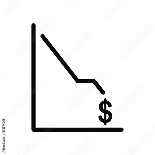 Downward Trend: A stark linear depiction of a downward trend, symbolized by a declining line graph, with a dollar sign, illustrating a financial concept.