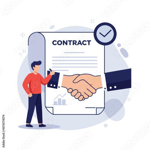 A man in a red sweater stands with a pen next to a large approved business contract featuring a handshake graphic.