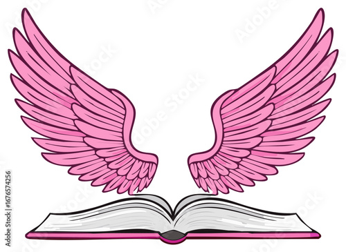 Open Book with Pink Wings Symbolizing Knowledge and Imagination, Represents Fairy Tale Elements