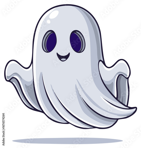 Friendly happy cartoon ghost character illustration with a wide smile floating in the air