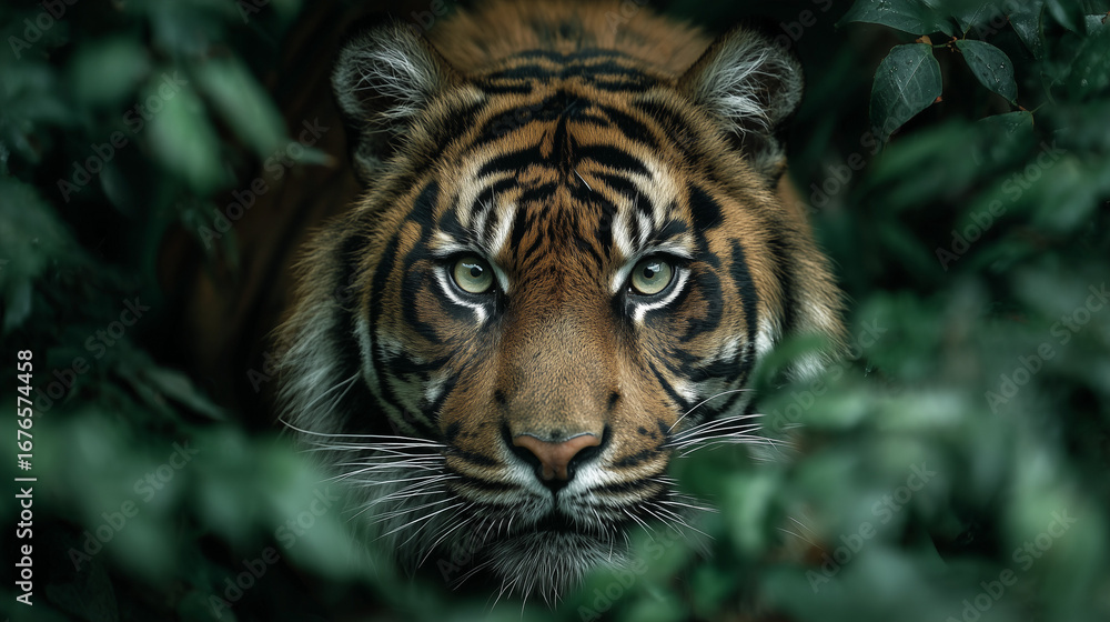 Fototapeta premium A tiger peers intensely through dense jungle foliage, its piercing green eyes and striking stripes creating a powerful and captivating presence.