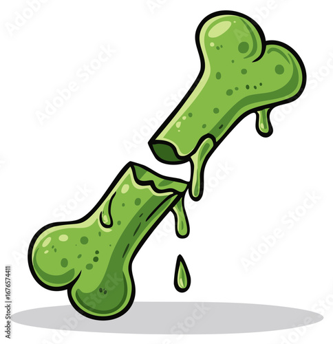 Toxic cartoon broken bone dripping with green slime illustration