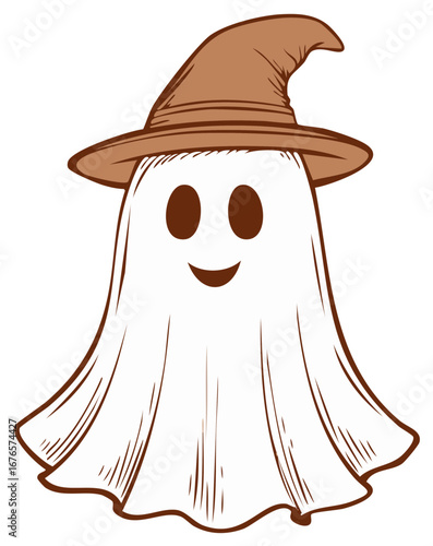 Cute ghost wearing a witch hat smiling happily for Halloween celebrations