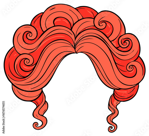 Stylized coral red wig with elaborate curls and waves drawing