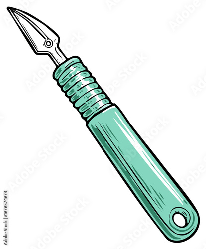 Illustrated Surgical Scalpel with Handle in Green Tone for Medical Applications
