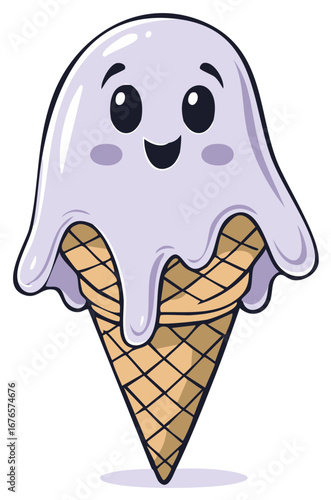 Cute ghost ice cream cone with happy face cartoon illustration