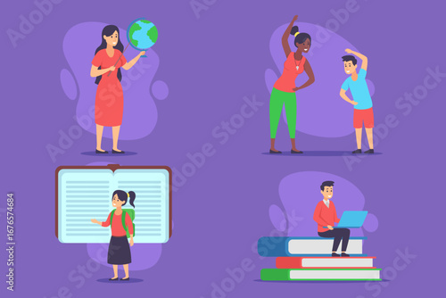 Vibrant collection of various educational activities for children. Globe presentation, workout, reading, and studying. Active learning in engaging environments concept