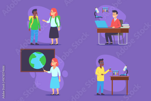 Students participating in various educational activities, including discussions, presentations, and laboratory work. Learning experience concept