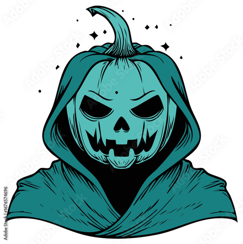 Spooky turquoise hooded figure with a carved pumpkin head and glowing eyes