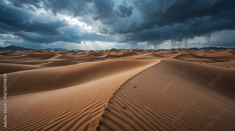 Naklejka premium Majestic dunes under stormy skies, ripples shifting as the desert prepares for the coming winds
