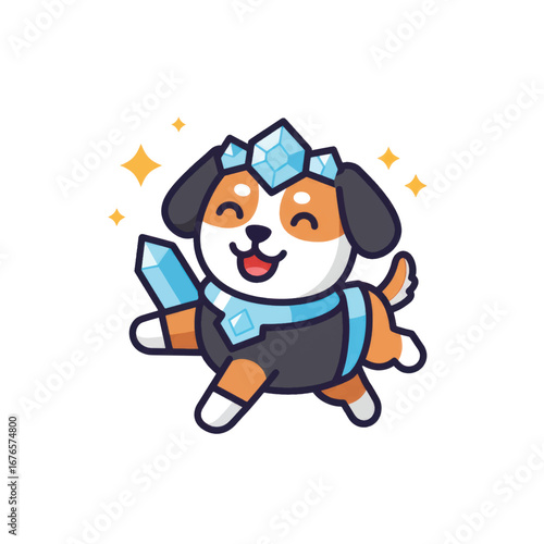 Adorable cartoon dog hero in a sparkling crystal crown and armor holding a crystal sword.