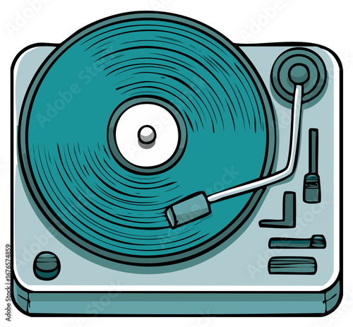 Retro Turntable with Vinyl Record Playing Music Illustration Stylized Artwork