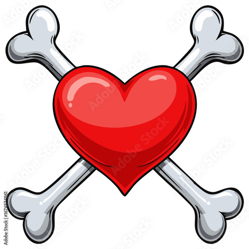 Red Heart Over Crossed Bones - Romantic Vector Gothic Icon Illustration