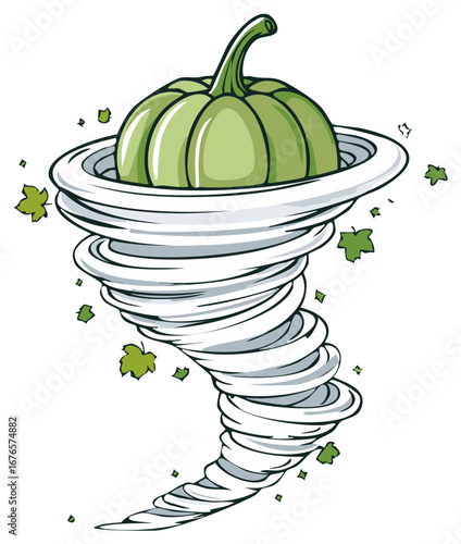 Green pumpkin caught in a powerful swirling windstorm with flying leaves