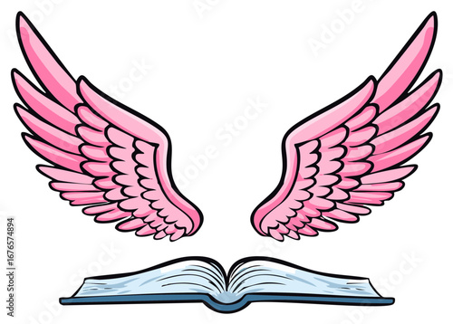 Pink angel wings and open book illustration, reading concept
