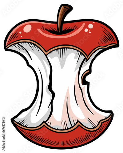 Graphic Illustration of a Stylized Eaten Red Apple Core Snack