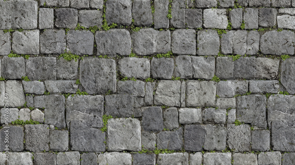 Fototapeta premium Seamless photorealistic gray cobblestone texture with weathered, cracked stones and natural moss, perfect for architectural visualization and construction 3D projects