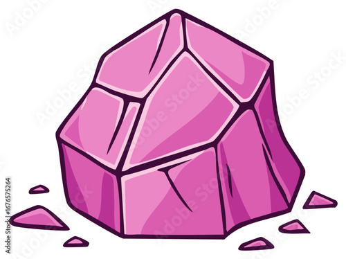 Pink crystal cluster with shards scattered around its base and a glossy shaded cartoon style