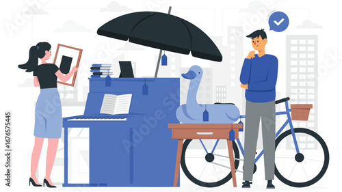 Vibrant flea market scene with rafiki character illustration