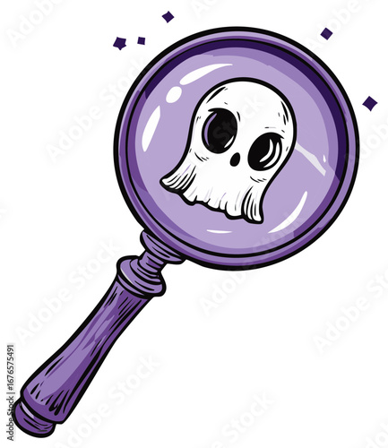 Vivid purple magnifying glass with a friendly ghost for mysterious supernatural investigation and discovery