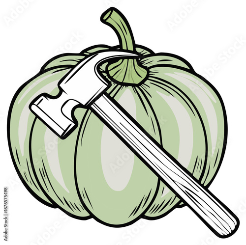 Conceptual illustration of a hammer striking or attaching itself to a light green ripe pumpkin squash vegetable.