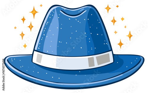 Blue Cartoon Wizard Hat with White Band and Sparkle Graphics Illustration