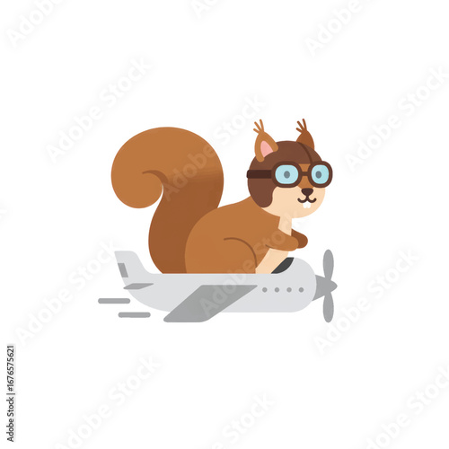 Cute cartoon squirrel pilot with aviator goggles flying a small propeller plane.