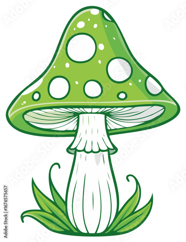 Vibrant Green Mushroom with White Spots nestled in Greenery Cartoon Style