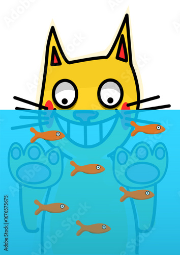 Illustration of a cat looking at fish in a fish tank 