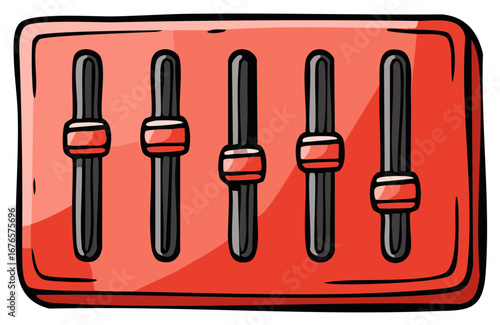 Red sound equalizer with five sliders in a cartoon style illustration used for controlling audio for music production